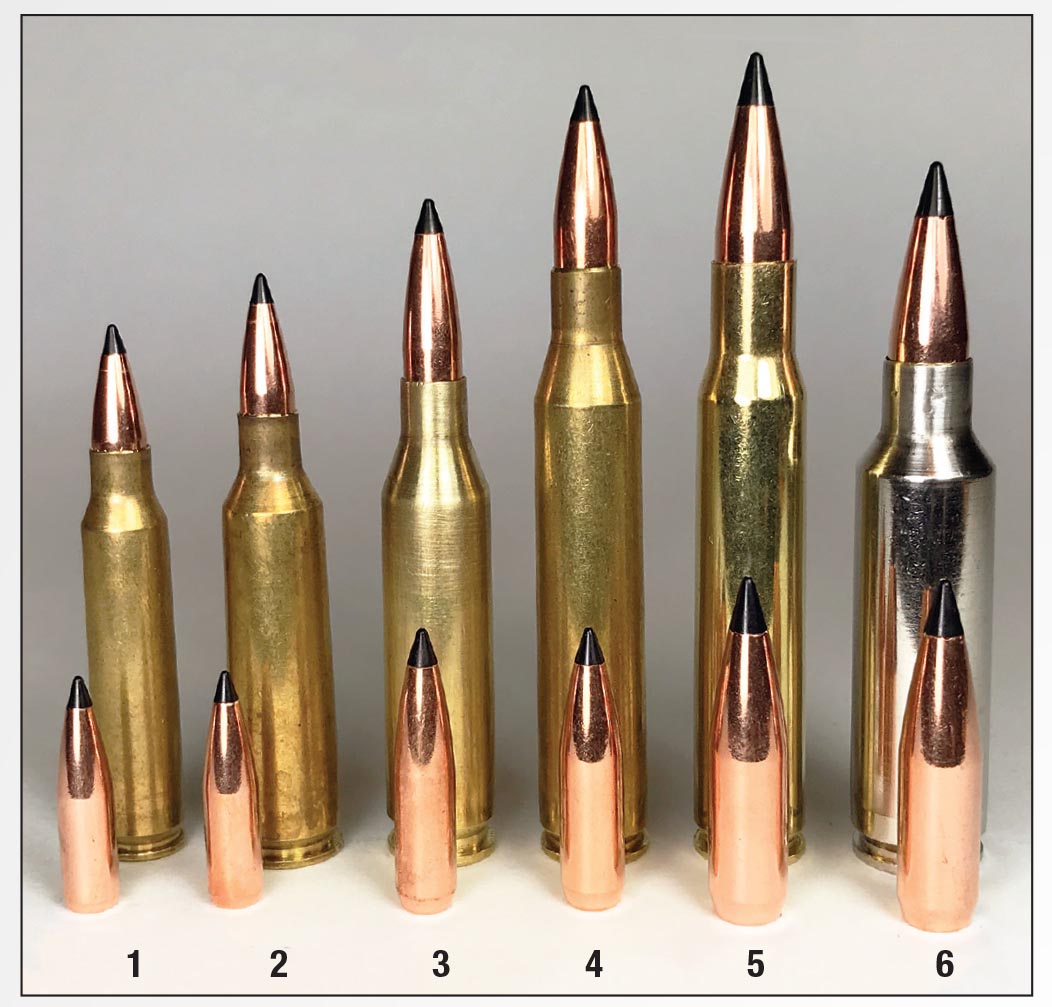 Scirocco II bullets were handloaded in six cartridges: (1) .223 Remington, (2) .22-250 Remington, (3) .243 Winchester, (4) .25-06 Remington, (5) .30-06 and (6) .300 WSM.